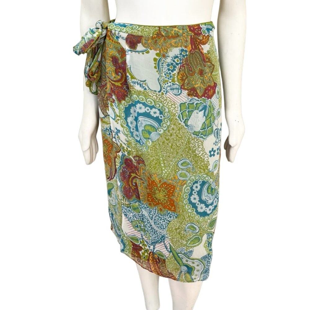 Bohemian Printed Silk Midi Wrap Skirt SZ 16